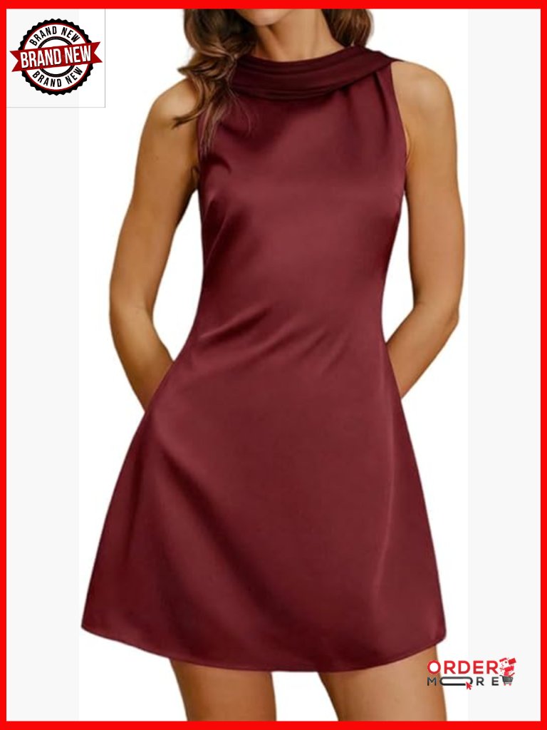 Satin Mini Dress Cowl Neck Backless Sleeveless A-Line Cocktail Party Dress